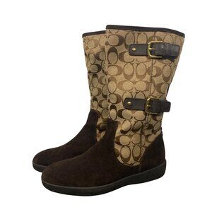 Coach Signature Suede & Canvas Knee-High Boots Size 9.5 Brown Tan faux fur lined